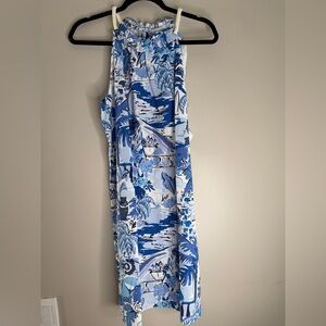 NWT RESORT DRESS - Linen Blend Ruffle Neck Seaside Scape Mini Dress